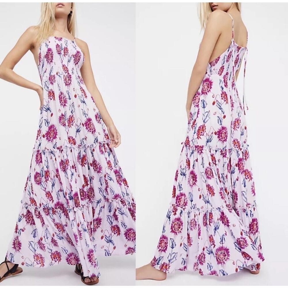 Free People Maxi Dress Womens XS Floral Tiered Smocked Boho Strappy Summer